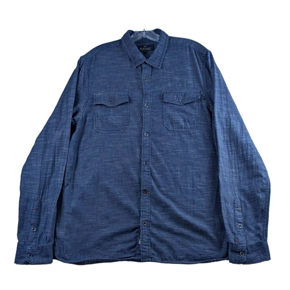 Buffalo David Bitton Mens‎ Large Blue Denim Metal Button Up Long Sleeve Shirt